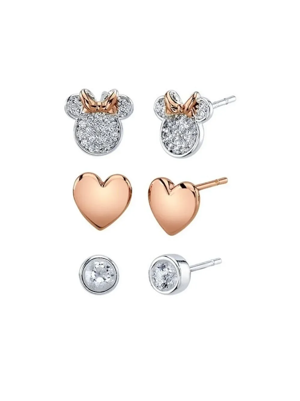 Disney Three Pair Silver Plated Two Tone Rose Gold Heart And Bezel Cubic Zirconi